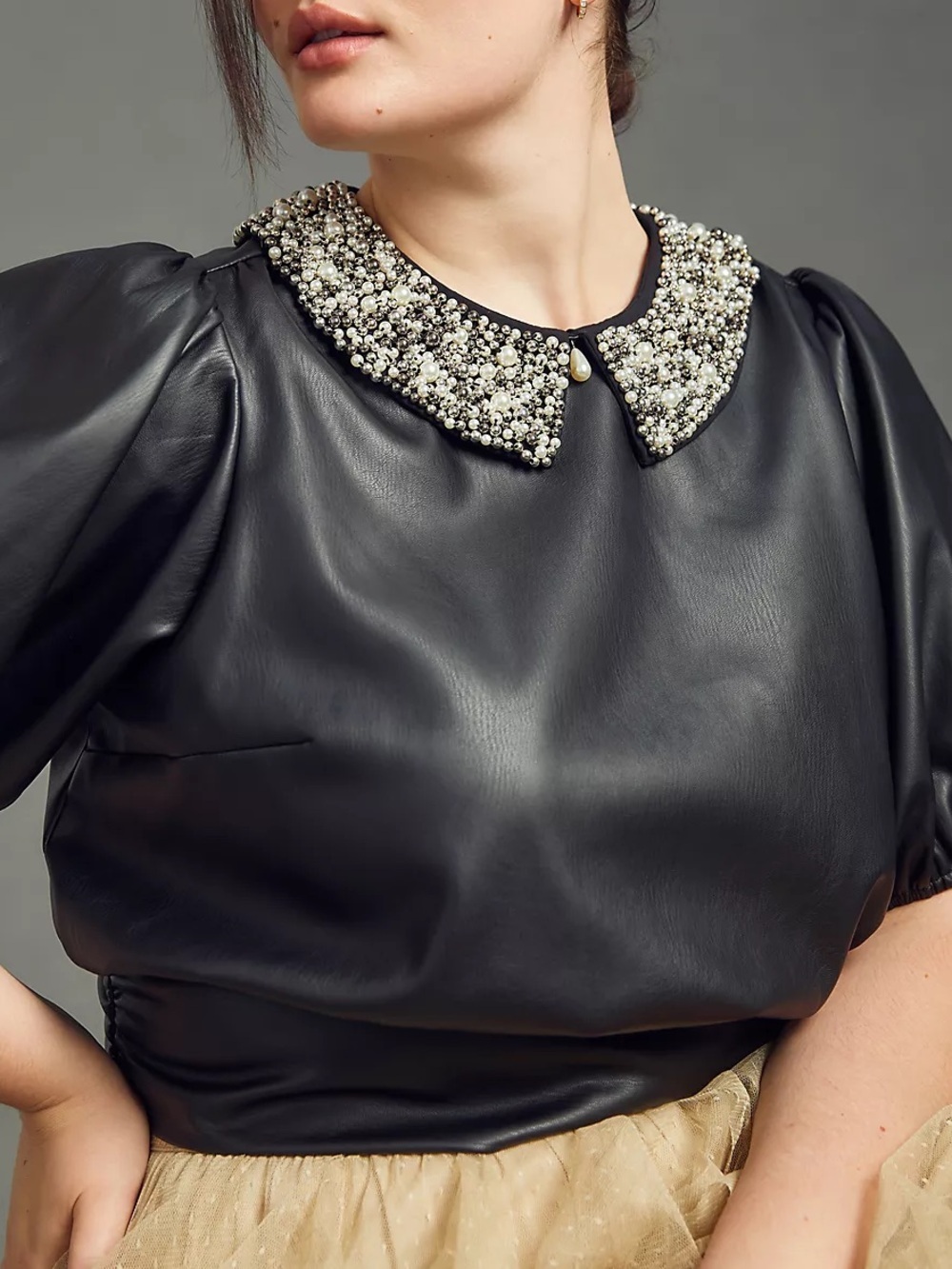 Anthropologie Maeve Faux Leather Puff Sleeve Blouse Size M